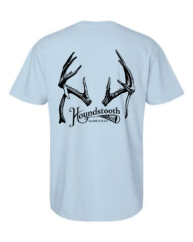 Light blue t-shirt with black antler design and 'Houndstooth' text on a white background